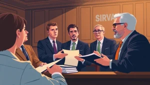 SIRVA injury attorneys consulting during a courtroom session with legal documents present