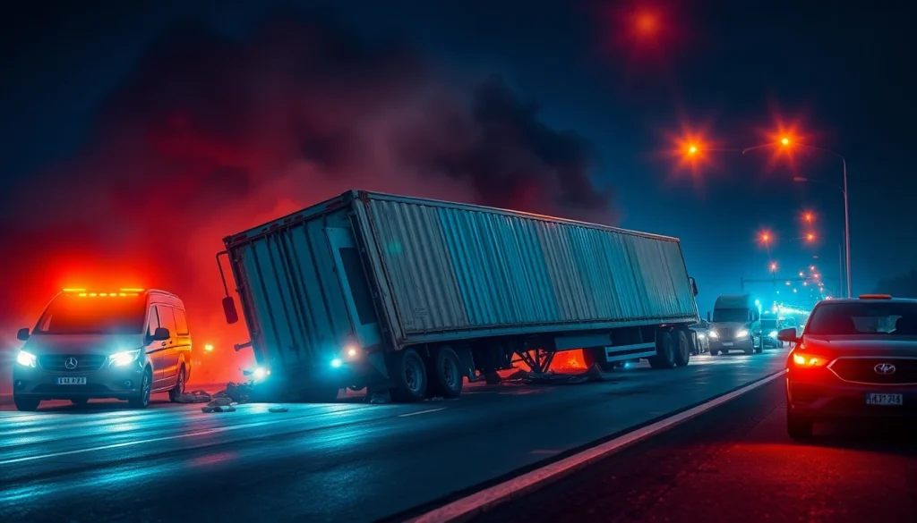 Nationwide Truck Accident Attorneys assisting victims at a truck accident scene with emergency responders present.
